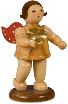 Weihnachtsfigur – naturbelassener Engel mit rotem Flügel und goldenem Kleeblatt – HxB 6,5 x 4 cm