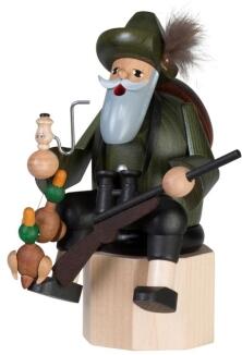 Räuchermann – rustikaler Kantenhocker Förster mit grüner Jacke, Enten und Gewehr – BxHxT = 10 x 12 x