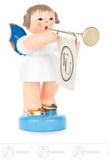 Engel mit Fanfare stehend, blaue Flügel Höhe ca 5,5 cm