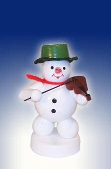 Schneemann Musiker mit Geige und grünem Hut, handbemalte Holzfigur von Fa. Volker Zenker