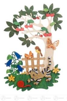 Bastelsatz Fensterbild Sommer aus Holz mit Katze, Baum, Vögeln und Schmetterlingen von Großhandel