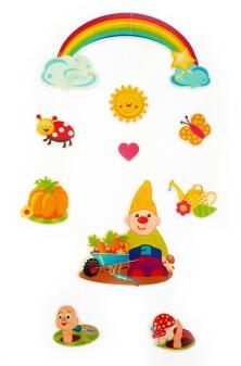 Mobile – fantasievoller Zwerg mit bunten Schmetterlingen und Marienkäfern, handgefertigt – BxHxT =