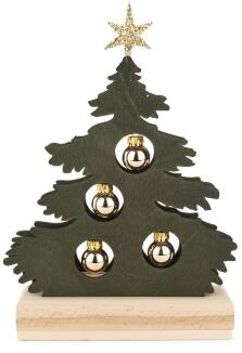 Schwibbogen – grün gebeizte kleine Tanne mit goldenen Kugeln und LED-Strip auf Holzsockel – BxHxT 17