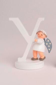 Miniaturfigur Engel mit Buchstabe Y, weißes Kleid, blaue Flügel mit Sternen von KWO Kunstgewerbe