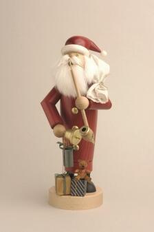 Räuchermann Weihnachtsmann mit Geschenken und Pfeife, roter Bommelmütze aus Holz von KWO