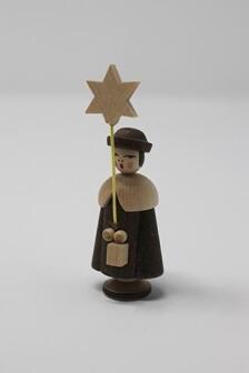 Miniaturfigur – detailreicher Kurrende Sternträger mit roter Bommelmütze und gelbem Stern, blauem