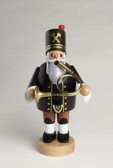 Räuchermann Bergmann mit Horn aus dem Erzgebirge, detailreich handbemalte Holzfigur von KWO, grüner