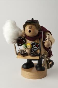 Räuchermann Lebkuchenverkäufer mit Bauchladen aus dem Erzgebirge, detailreiche Holzfigur mit