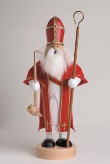Räuchermann Heiliger St. Nikolaus mit Pfeife und Priesterstab in Rot aus Holz, erzgebirgische Figur