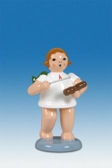 Holzfigur Engel mit Holzblocktrommel ohne Krone von KDE Ellmann, 6 cm, kleiner musizierender Engel