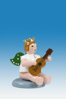 Holzfigur Engel sitzend mit Gitarre und Krone Höhe 6cm Engelmusikanten sitzend mit Gitarre und Krone