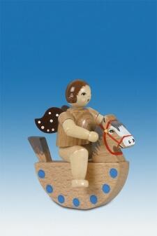 Holzfigur Engel auf Schaukelpferd mit Krone natur Höhe 6,5cm