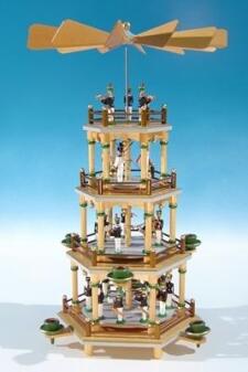 Weihnachtspyramide – naturfarben mit Bergmännern und nostalgischem Bergaufzug – BxHxT ca. 24,5 x 45 