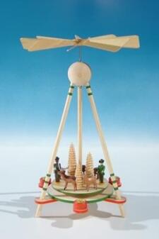 Stabpyramide – Jagdmotiv naturfarben bemalt mit sanftem Drehmechanismus – BxHxT ca. 22 x 33 x 22 cm