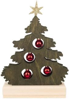 Schwibbogen – stilvolle Mini-Tanne grün gebeizt mit roten Kugeln und warmem LED-Licht – BxHxT 17 x