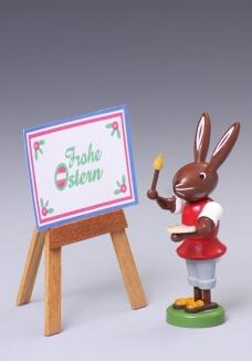 Osterfigur – handgefertigter, liebevoll bemalter Osterhase mit Tafel und Pinsel – BxHxT ca. 5x9x4 cm