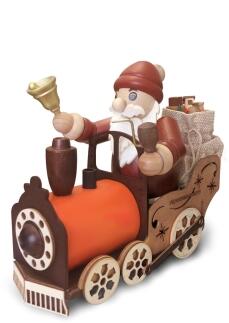 Räucherfigur fröhlicher Weihnachtsmann auf bunter Lokomotive mit Geschenksack und Pfeife aus Holz
