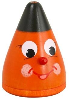 Räucherfigur aus Holz in leuchtendem Orange mit freundlichem Gesicht und schwarzer Spitze von