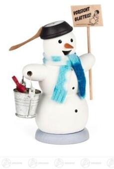 Räuchermann – detailreicher Schneemann mit blauem Schal und Schild „Vorsicht Glatteis“, handbemalt –
