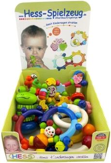 Babyspielzeug - Display mit farbigen Motorikrasseln – BxHxT 9x11x3 cm
