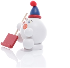 Räucherfigur - Räucherschneeball Weiß mit Schneeschieber und Bommelmütze - Ansicht Links - Die Räucherfigur gehört einfach zu Weihnachten