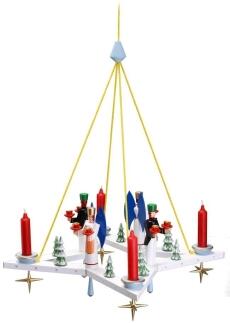 Lichterkranz Hängeleuchter Stern mit Engel, Bergmann und Ringelbäumen aus Holz von Sven Kempe