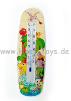 Holzthermometer – fröhlicher Dino mit bunten Farben gestaltet – BxHxT 8x25,5x1,5 cm