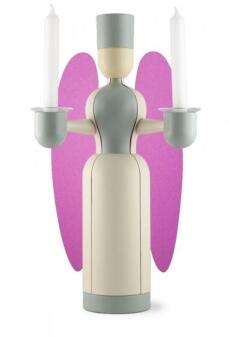Engel aus Holz mit rosa Flügeln und Kerzenhaltern, liebevoll bemalt und zerlegbar von Erzgebirgische
