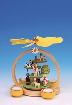 Tischpyramide mit Schäfer, Sommerfiguren und bunter Wiese aus Holz, Teelichtbetrieb, Fa. Knuth