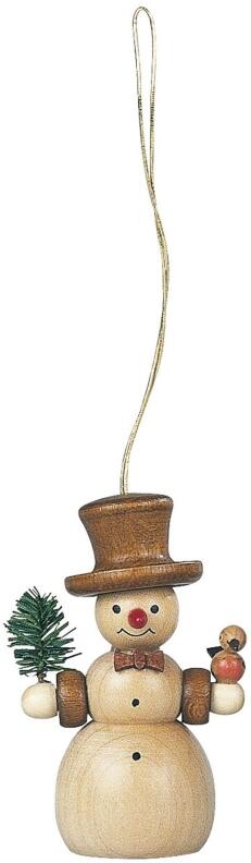 Christbaumschmuck – detailreicher Schneemann mit Besen und Vogel, naturbelassen – HxBxT = 8 x 3 x 2 