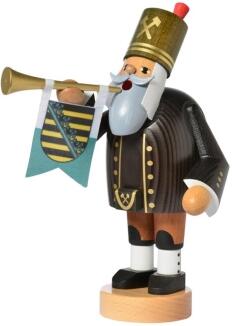 Räuchermann – detailverliebter Bergmann mit goldener Trompete und grünem Hut, bunt bemalt – BxHxT = 