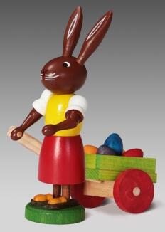 Osterfigur – detailreich bemalte Osterhäsin mit Eierkarre, filigran gestaltete Ostereier – BxHxT ca.