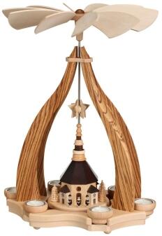 Weihnachtsdekoration - Tischpyramide Kurrende mit Seiffener Kirche und Teelichter - HxLxB