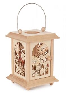 Tischlaterne Sommerblume für Teelicht aus Holz mit filigranen Blumenmotiven von Großhandel Dregeno,