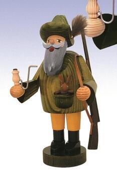 Räuchermann Förster mit Gewehr, Hase und Pfeife aus Holz, dunkelbraun, von KWO Olbernhau aus dem