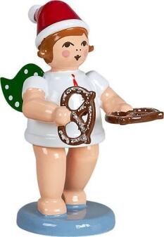 Holzfigur Bäckerengel mit Brezel und Krone Höhe 6cm