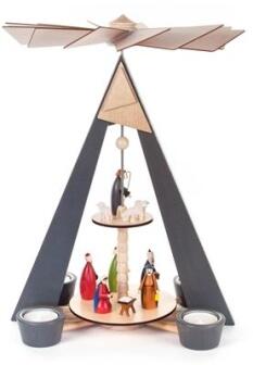 Weihnachtspyramide – zweistöckig mit farbiger Christi Geburt, graues Holz, detailreich – BxHxT = 27 