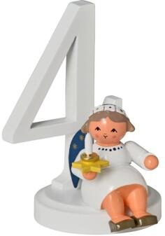 Miniaturfigur – filigraner Engel mit Zahl 4, weißes Kleid und blaue Flügel mit goldenen Sternen –