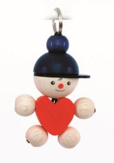Schlüsselanhänger – bunter Holz-Joe mit Herz und Perlen mit fröhlichem Gesicht – BxHxT 4,5 x 8 x 3,5