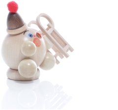 Räucherfigur - Räucherschneeball Natur mit Schlitten und Bommelmütze - Ansicht Rechts - Die Räucherfigur gehört einfach zu Weihnachten