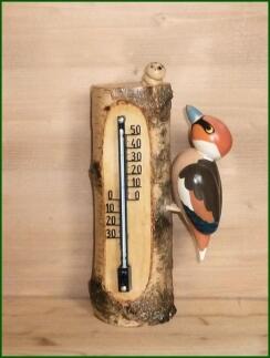 Thermometer – detailreicher Kernbeiser mit filigranem Vogel, naturfarben – HxB = 25 x 8 cm