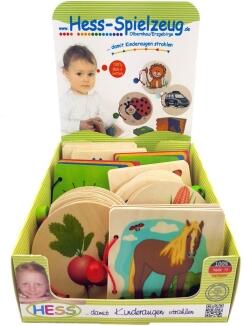 Babyspielzeug – Display mit 12 liebevoll gestalteten Holzbilderbüchern – BxHxT 11x 9,5x1,5 cm