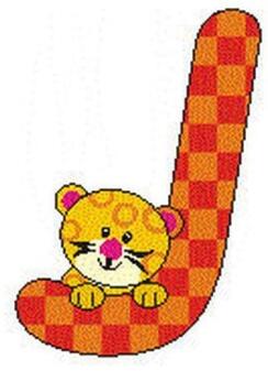 Holzbuchstabe J mit buntem Tiermotiv und kariertem Muster von Hess Holz Spielzeug, farbenfroh