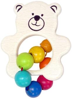 Babyspielzeug – liebevoller Teddy mit bunten Kugeln und Glöckchen – BxHxT 8 x 13 x 6 cm