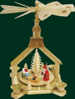 Tischpyramide – bunte Kirche mit Christi Geburt und detailreichen Figuren, liebevoll handgefertigt –