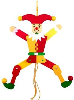 Holzspielzeug – bunter Hampelmann Eulenspiegel mit beweglichen Armen und Beinen, liebevoll gestaltet