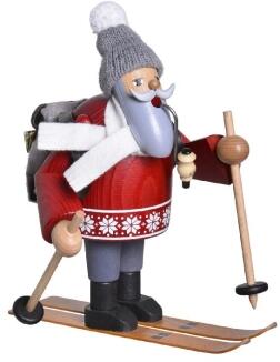 Räuchermann – detailreicher Skiwanderer mit rotem Pullover und grauer Mütze, auf Skiern mit Rucksack