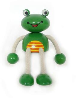 Holzspielzeug – fröhliche Schwingfigur Frosch mit beweglichen Kordelarmen, grün-bunt – BxHxT = 10 x