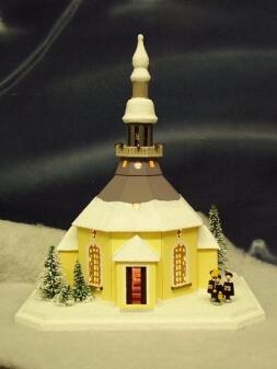 Lichterhaus – Edle, festliche Seiffener Kirche mit Kurrende, Weiß-Gold – LxBxH ca. 29x24x35 cm