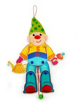 Holzspielzeug – fröhlicher Hampelmann Zwerg mit roter Mütze buntem Outfit und beweglichen Armen –